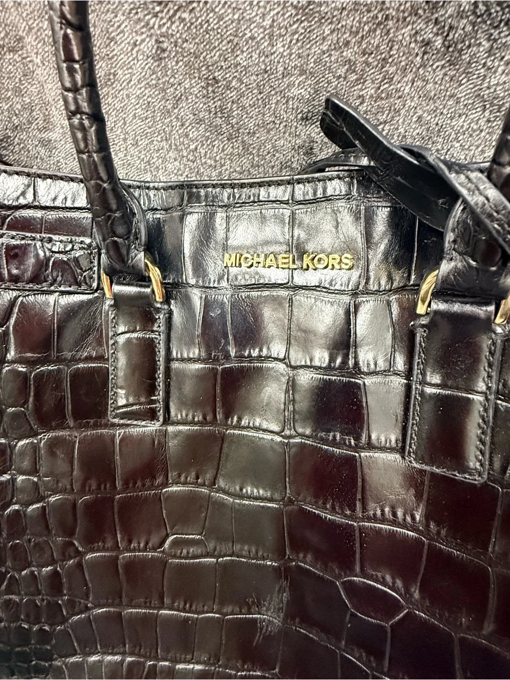 Michael Kors Black Croc-Embossed Leather Satchel with Strap